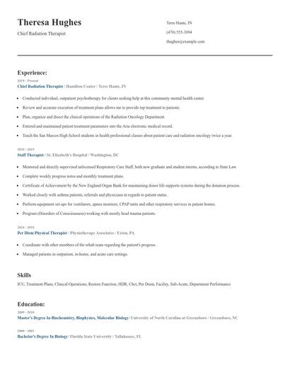 Chief Radiation Therapist Resume