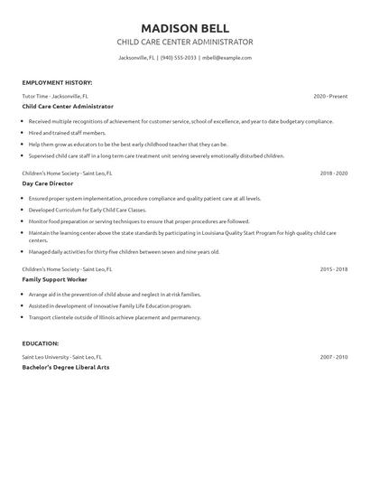 Child Care Center Administrator Resume