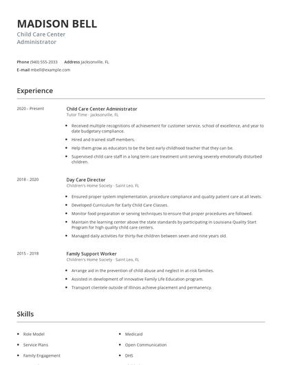 Child Care Center Administrator Resume