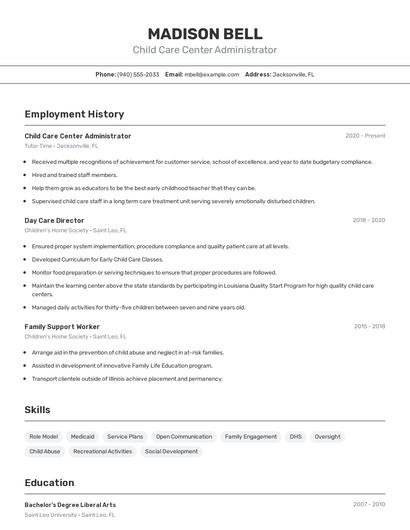 Child Care Center Administrator Resume