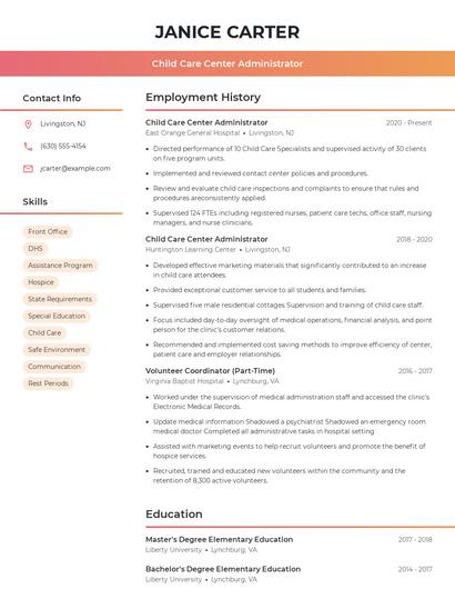 Child Care Center Administrator Resume