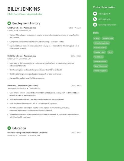 Child Care Center Administrator Resume