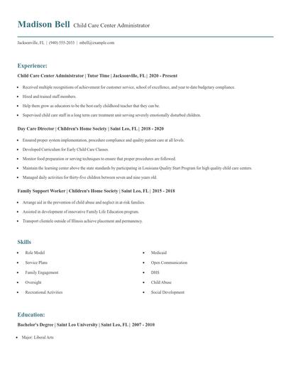 Child Care Center Administrator Resume