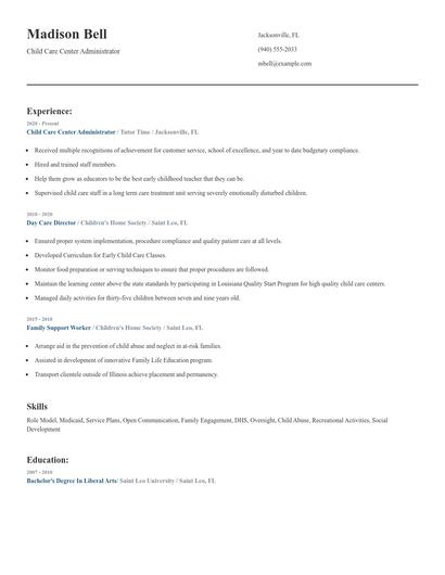 Child Care Center Administrator Resume