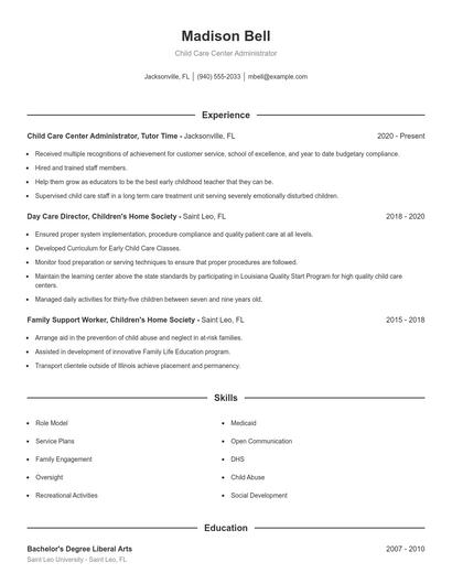 Child Care Center Administrator Resume