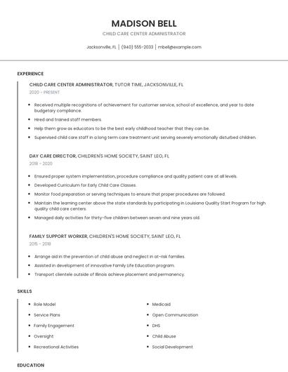 Child Care Center Administrator Resume