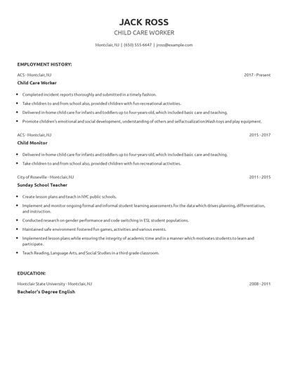 Child Care Worker Resume