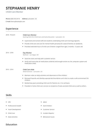 Child Care Worker Resume