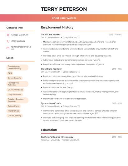 Child Care Worker Resume