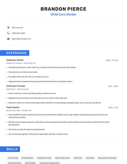 Child Care Worker Resume