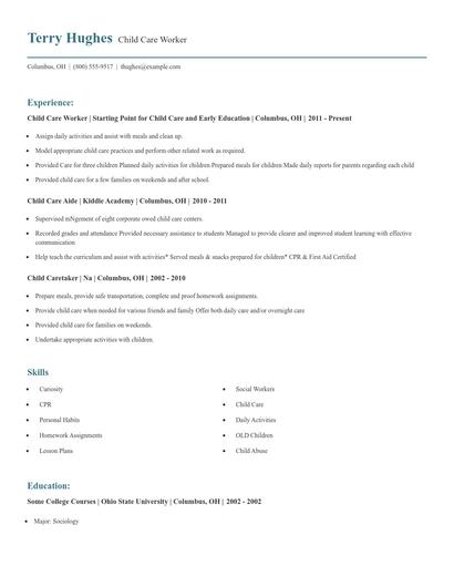 Child Care Worker Resume