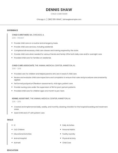 Child Caretaker Resume