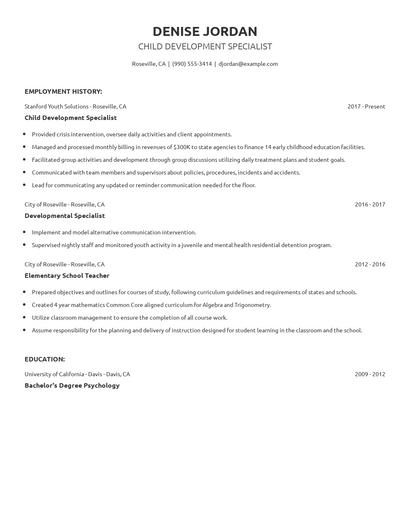 Child Development Specialist Resume