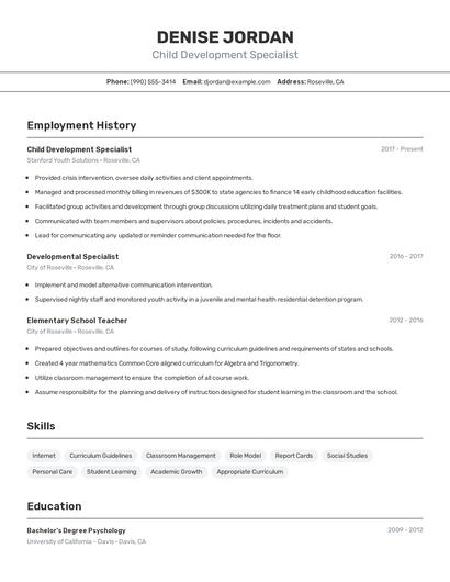 Child Development Specialist Resume