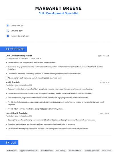 Child Development Specialist Resume