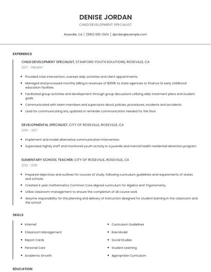 Child Development Specialist Resume