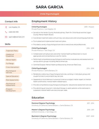 Child Psychologist Resume