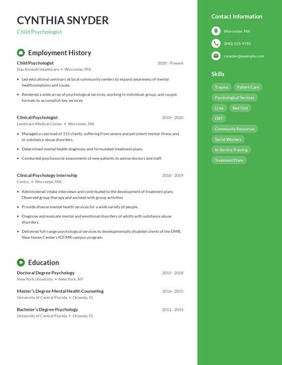 Child Psychologist Resume