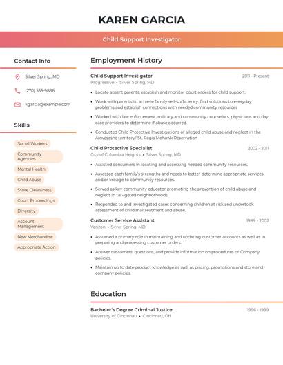 Child Support Investigator Resume