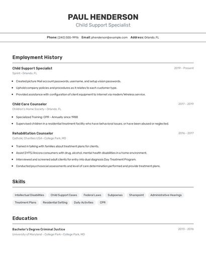 Child Support Specialist Resume