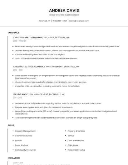 Child Welfare Caseworker Resume