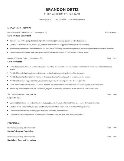 Child Welfare Consultant Resume