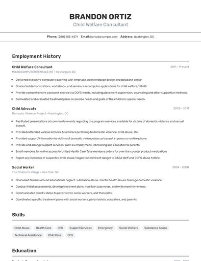 Child Welfare Consultant Resume