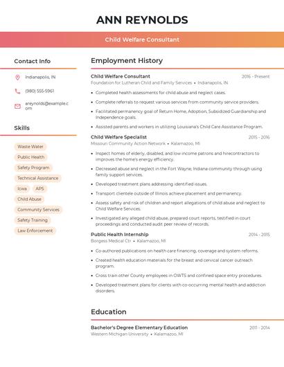 Child Welfare Consultant Resume