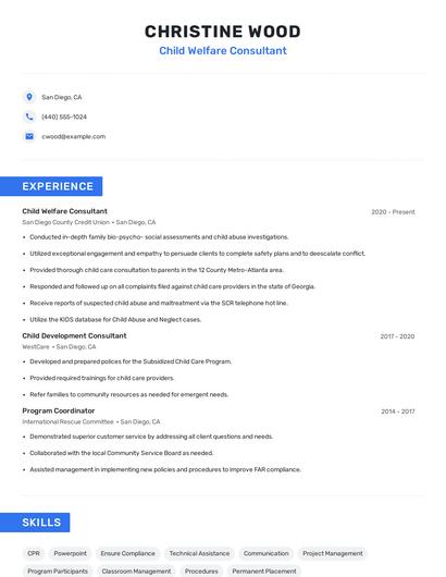 Child Welfare Consultant Resume