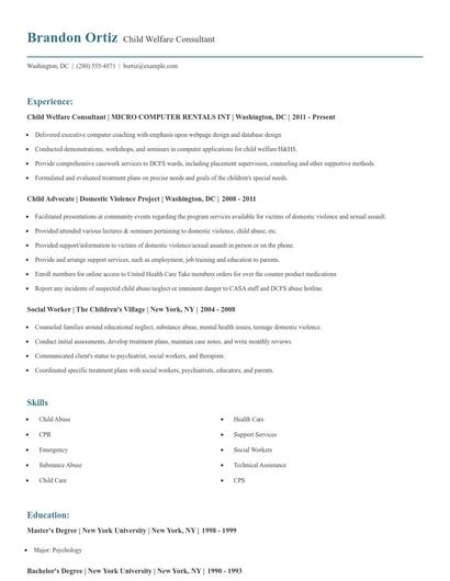Child Welfare Consultant Resume