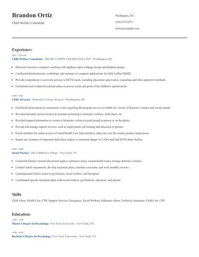 Child Welfare Consultant Resume