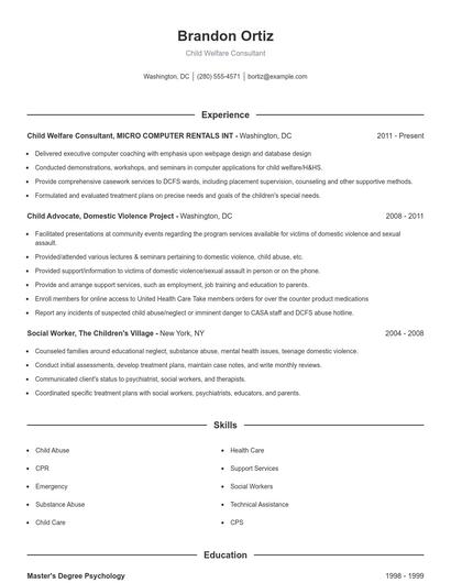 Child Welfare Consultant Resume