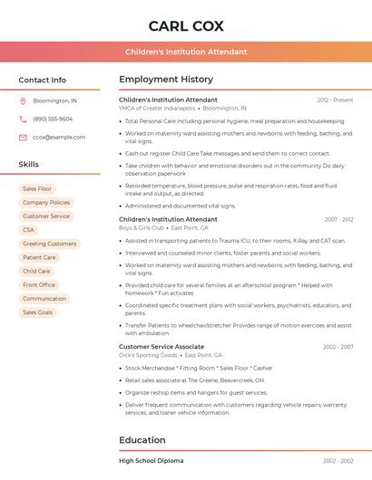Children's Institution Attendant Resume