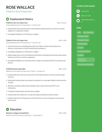 Children's Service Supervisor Resume