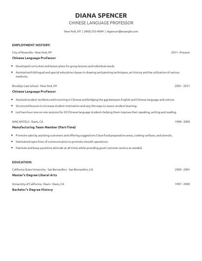 Chinese Language Professor Resume