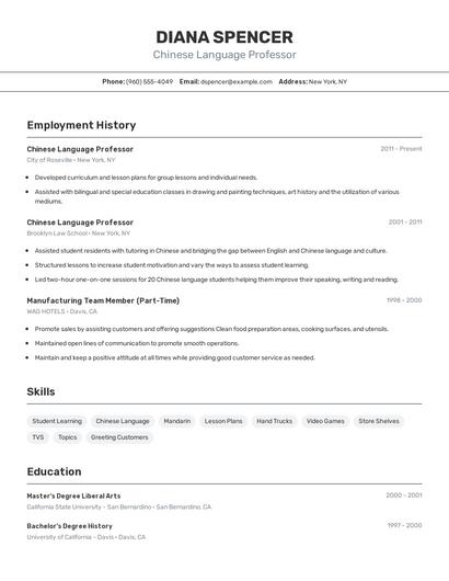 Chinese Language Professor Resume