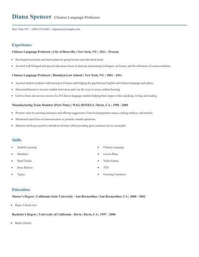Chinese Language Professor Resume