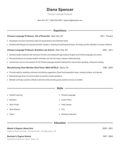 Chinese Language Professor Resume