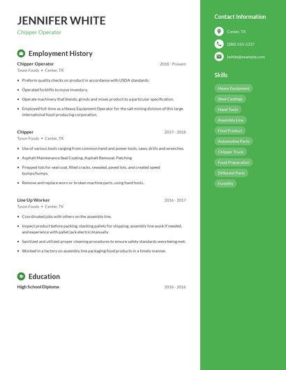 Chipper Operator Resume