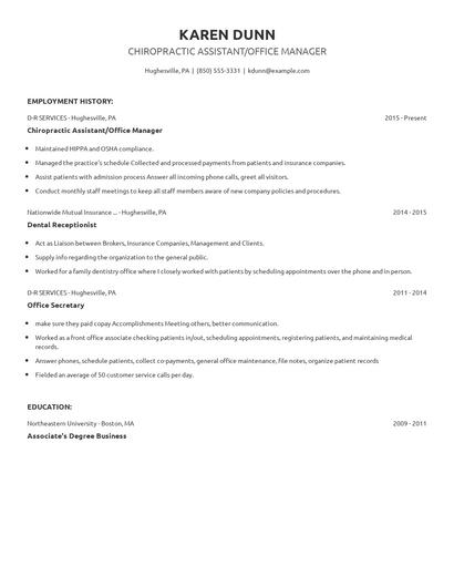 Chiropractic Assistant/Office Manager Resume