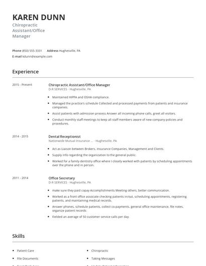 Chiropractic Assistant/Office Manager Resume
