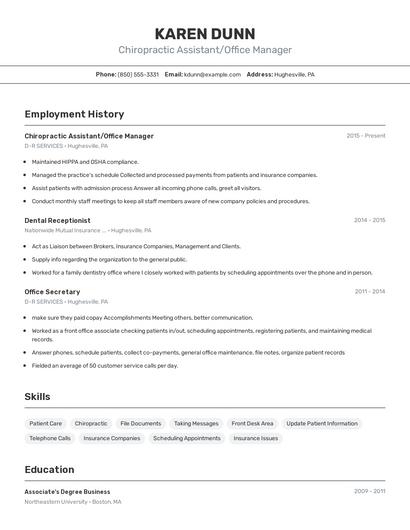 Chiropractic Assistant/Office Manager Resume