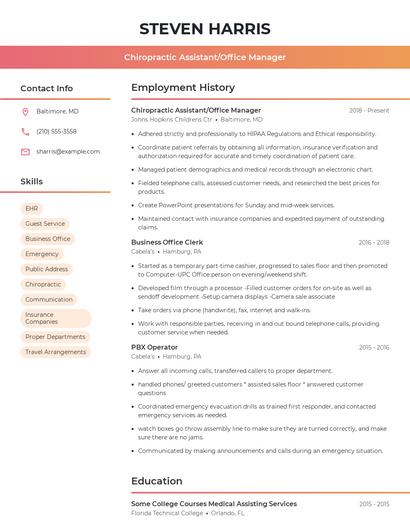 Chiropractic Assistant/Office Manager Resume
