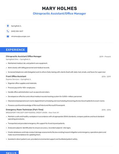 Chiropractic Assistant/Office Manager Resume
