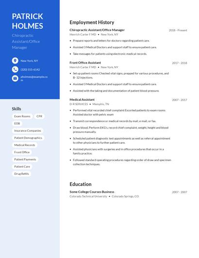 Chiropractic Assistant/Office Manager Resume