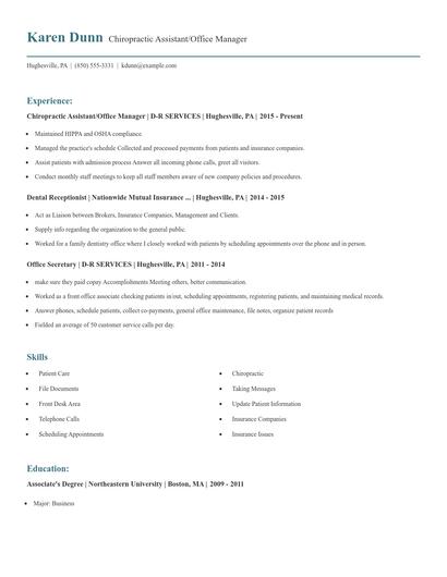 Chiropractic Assistant/Office Manager Resume