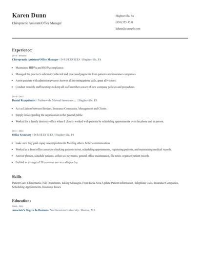 Chiropractic Assistant/Office Manager Resume