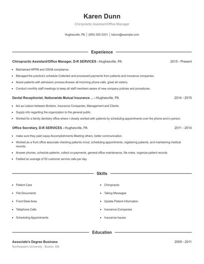 Chiropractic Assistant/Office Manager Resume