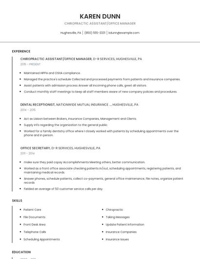 Chiropractic Assistant/Office Manager Resume