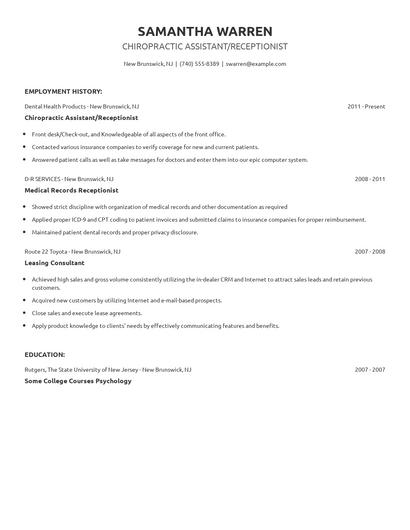 Chiropractic Assistant/Receptionist Resume
